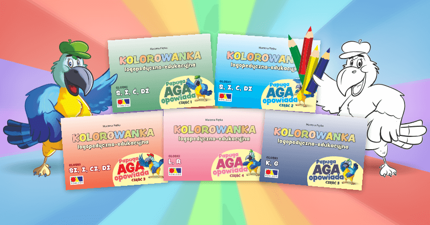 Kolorowanki logopedyczno-edukacyjne „Papuga Aga opowiada cz. 1 – 5” - zeszyty z obrazkami do kolorowania